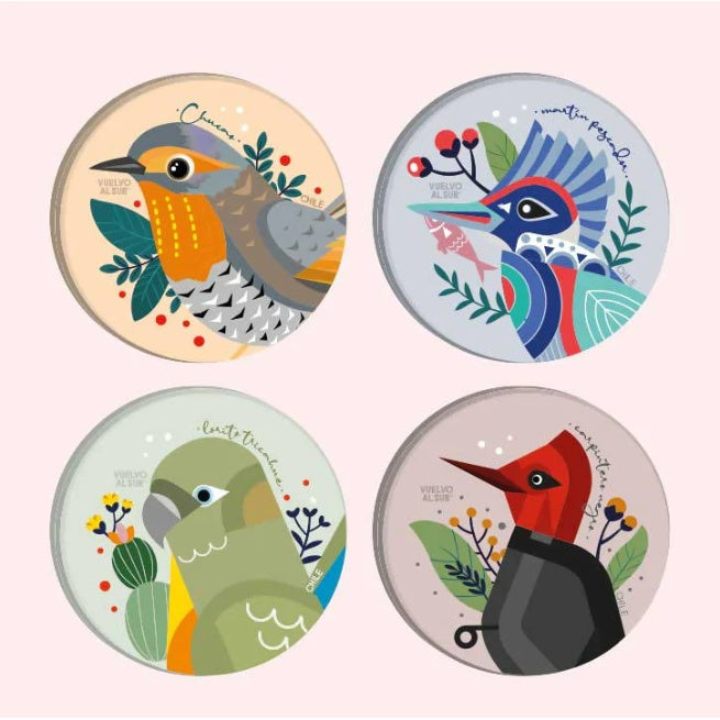 SET POSAVASOS VIDRIO TEMPLADO AVES COLORIDAS (REDONDO)