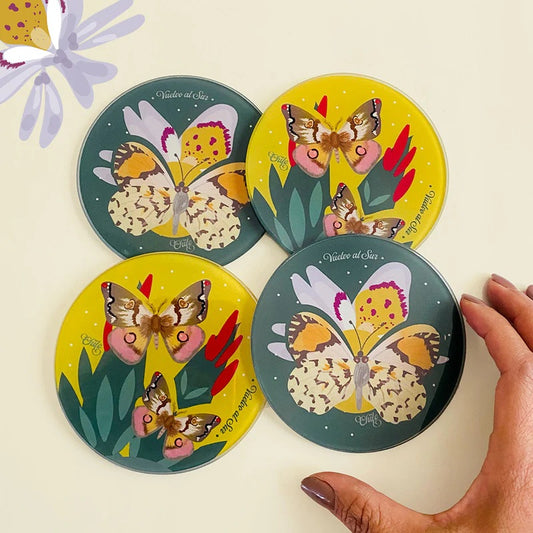 SET POSAVASOS VIDRIO TEMPLADO MARIPOSAS (REDONDO)