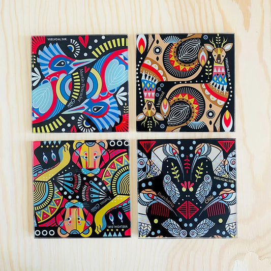 SET POSAVASOS VIDRIO TEMPLADO FAUNA GEOMETRICA NOCHE (CUADRADO)