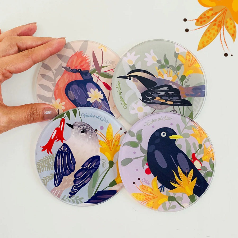 SET POSAVASOS VIDRIO TEMPLADO PEQUEÑAS AVES CHILENAS (REDONDO)