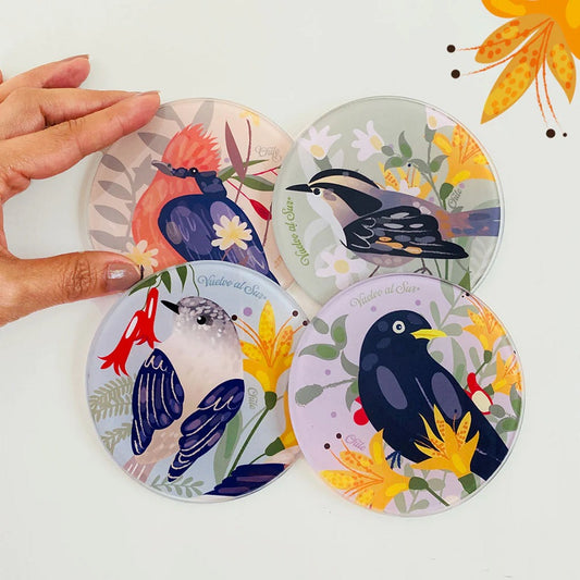 SET POSAVASOS VIDRIO TEMPLADO PEQUEÑAS AVES CHILENAS (REDONDO)